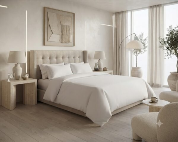 a7e17bf9-6c79-474e-9225-fe5112a07ee7 Premium Cotton Satin Plain White 300 Thread Count Bedsheet Set with Duvet Cover & Pillowcases