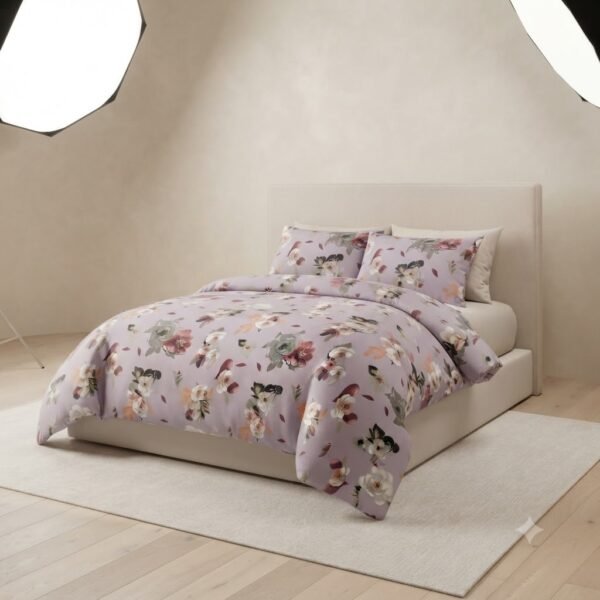 Premium Cotton Percale Light Purple Floral Print Luxury Bedsheet Set with Pillowcase