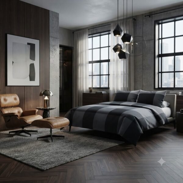 Luxury 100% Cotton Black/Grey Check Pattern Bedding Set with Duvet Cover & Pillowcases