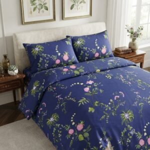 Premium Cotton Percale Navy Blue Floral Print Luxury Bedsheet with Pillowcase