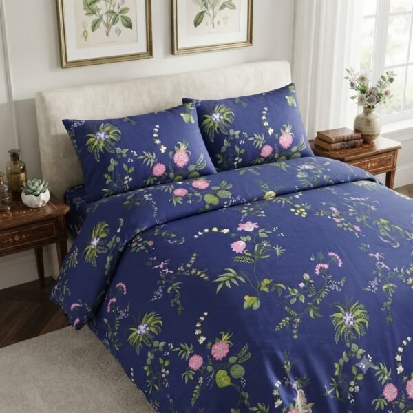 Premium Cotton Percale Navy Blue Floral Print Luxury Bedsheet with Pillowcase