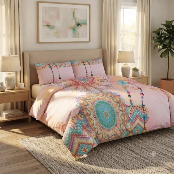 Premium Cotton Satin Multicoloured Printed Pearl Design Bedsheet with Pillowcase