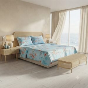 Premium Cotton Satin Blue Floral Print Bedsheet Set with Pillowcase