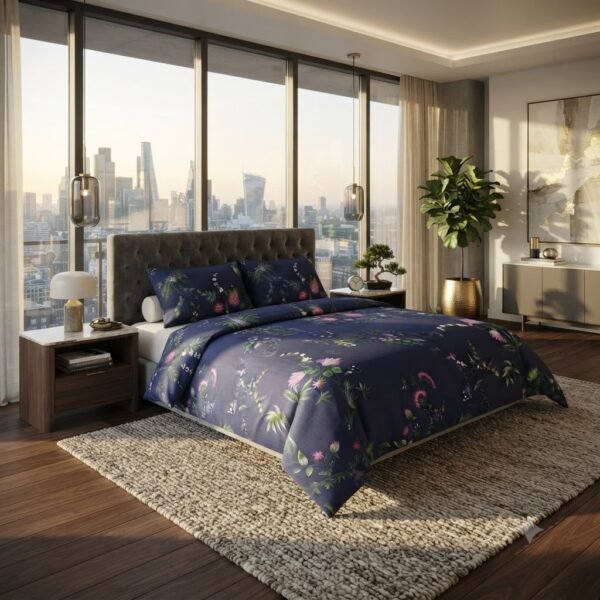 Navy Blue Floral Print Luxury Bedsheet with Pillowcase Premium Cotton Percale