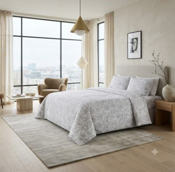 Premium Gray Cotton Satin Leaf Design Bedsheet Set with Pillowcases