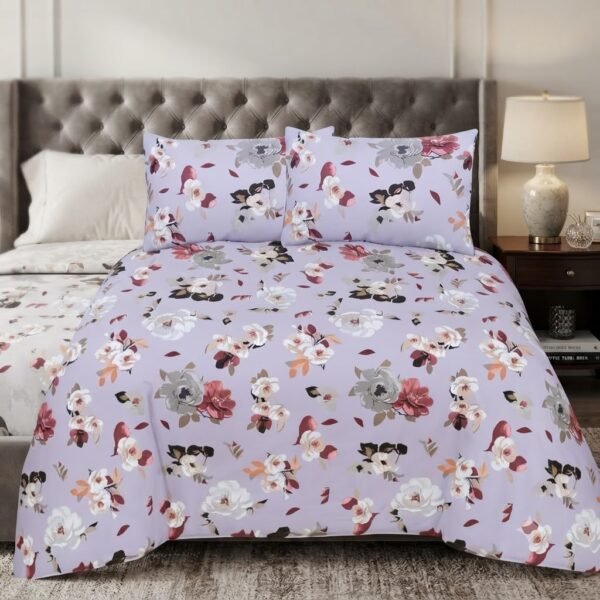 Premium Cotton Percale Light Purple Floral Print Luxury Bedsheet Set with Pillowcase