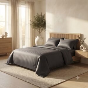 Striped Design Bedsheet with Duvet Cover & Pillowcase Cotton Satin Charcoal Grey