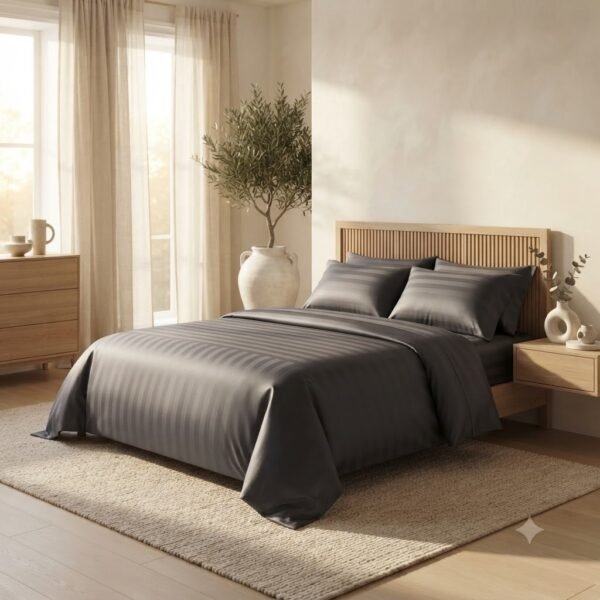 Striped Design Bedsheet with Duvet Cover & Pillowcase Cotton Satin Charcoal Grey