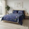 Navy Blue Floral Print Luxury Bedsheet with Pillowcase Premium Cotton Percale