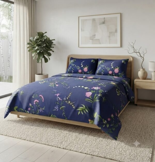 Navy Blue Floral Print Luxury Bedsheet with Pillowcase Premium Cotton Percale