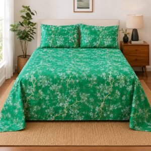 Woman relaxing on a double bed styled with a green floral cotton bedspread set