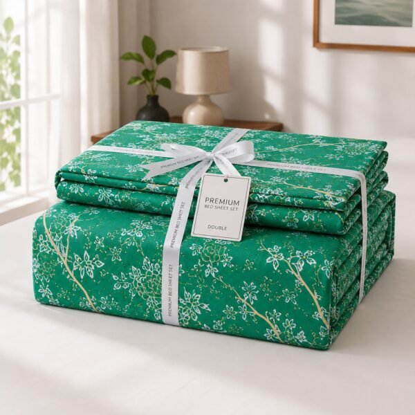 Neatly folded green floral cotton bedspread set tied with a white ribbon and product tag