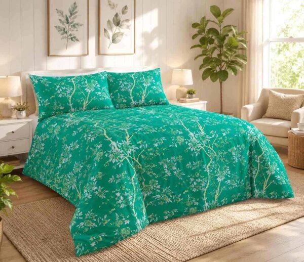 Premium Cotton Percale Dark Green Floral Bed Sheet Set