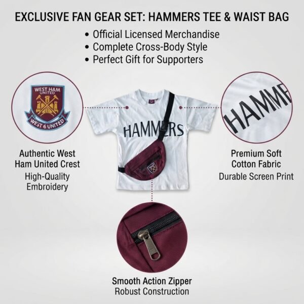 West Ham United "HAMMERS" T-Shirt & Maroon Crossbody Bag Set | Official Fan Streetwear Combo for Men & Women