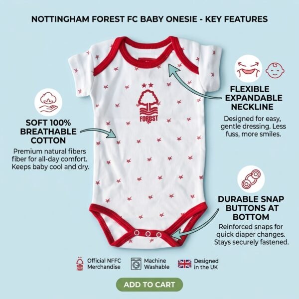 Nottingham Forest Official Style Baby Romper | White & Red Star Print Tree Crest Newborn Bodysuit