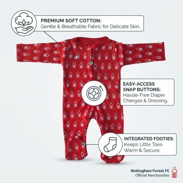 Nottingham Forest FC Official Baby Footed Romper | Red All-Over Print Sleepsuit with Integrated Footies