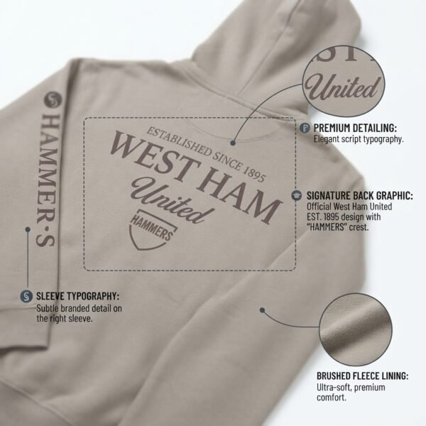 West Ham United Official Style Beige Hoodie | Est. 1895 Hammers Graphic Streetwear Pullover for Men & Women