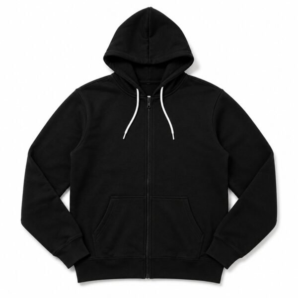 Unisex Black Full Zip Hoodie – Premium Cotton Fleece Sweatshirt with Kangaroo Pocket