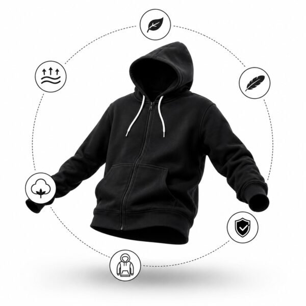 Unisex Black Full Zip Hoodie – Premium Cotton Fleece Sweatshirt with Kangaroo Pocket