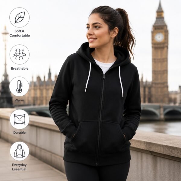 Unisex Black Full Zip Hoodie – Premium Cotton Fleece Sweatshirt with Kangaroo Pocket