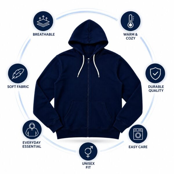Unisex Navy Blue Full Zip Hoodie – Soft Cotton Fleece Sweatshirt with Hood & Kangaroo Pocket