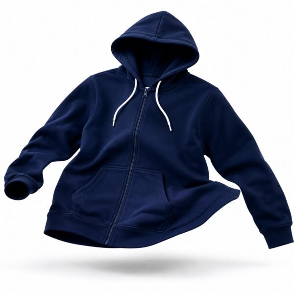 Unisex Navy Blue Full Zip Hoodie – Soft Cotton Fleece Sweatshirt with Hood & Kangaroo Pocket