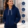Unisex Navy Blue Full Zip Hoodie – Soft Cotton Fleece Sweatshirt with Hood & Kangaroo Pocket