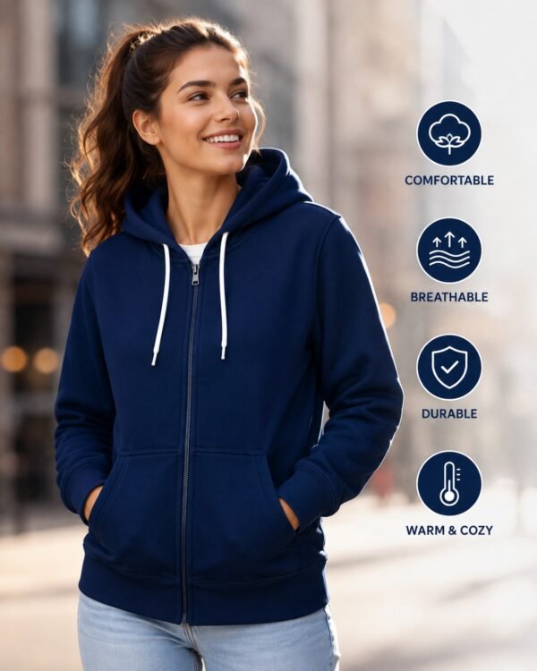 Unisex Navy Blue Full Zip Hoodie – Soft Cotton Fleece Sweatshirt with Hood & Kangaroo Pocket