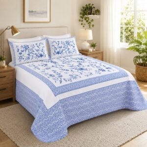 Elegant Blue & White Floral Cotton Bedspread Set | Classic Chinoiserie Quilting