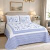 Elegant Blue & White Floral Cotton Bedspread Set | Classic Chinoiserie Quilting