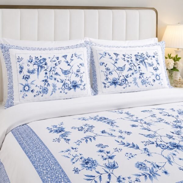 Elegant Blue & White Floral Cotton Bedspread Set | Classic Chinoiserie Quilting