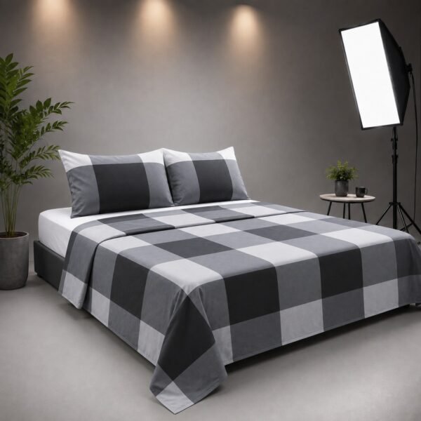 Angle view of a double bed styled with a grey and black check patterned cotton bedspread
