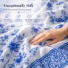 Ultra Soft T200 Cotton Blue Floral Bedspread Detail Close-up of hand touching soft 100% cotton blue floral chinoiserie bedspread fabric with T200 quality icons