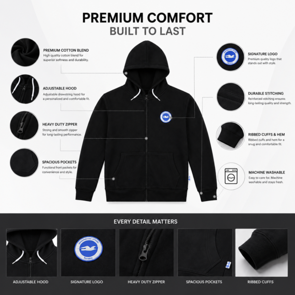 Premium Light Blue Full Zip Hoodie for Men & Women | Soft Cotton Blend Casual Hoodie with Hood & Zipper