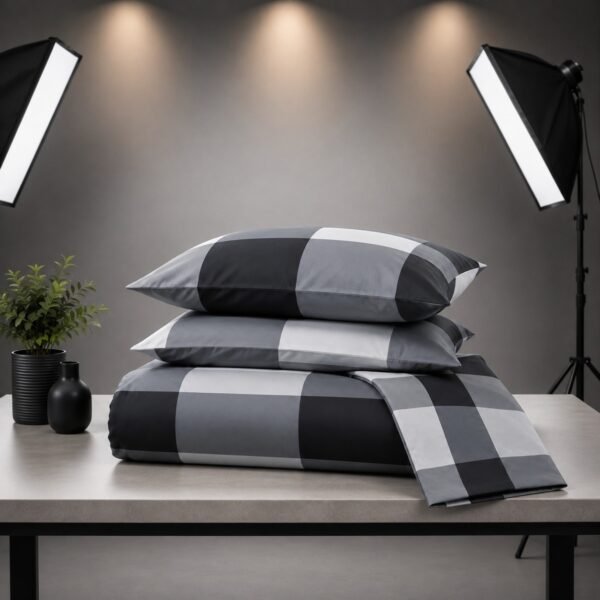 Front view of a double bed made with a grey and black large plaid buffalo check bedspread and matching pillows