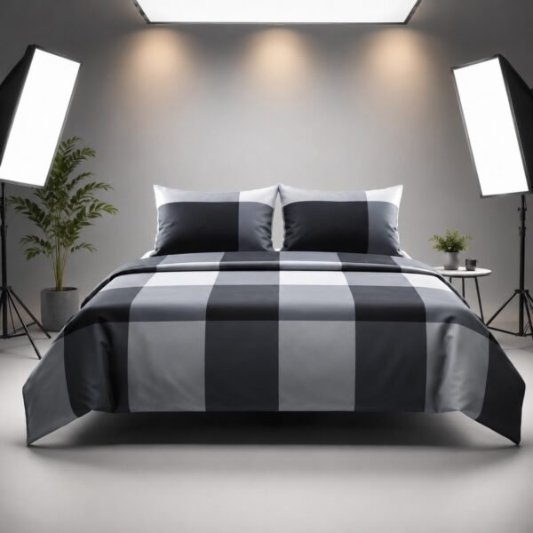 Grey and black plaid bedspread artfully draped over a studio bench with a matching pillow
