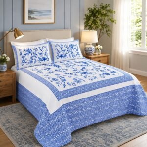 Blue White Floral Chinoiserie Cotton Bedspread Double Size T200