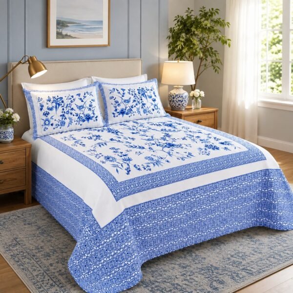Blue White Chinoiserie Cotton Bedspread Double Size Blue and white floral chinoiserie cotton bedspread double size set on bed